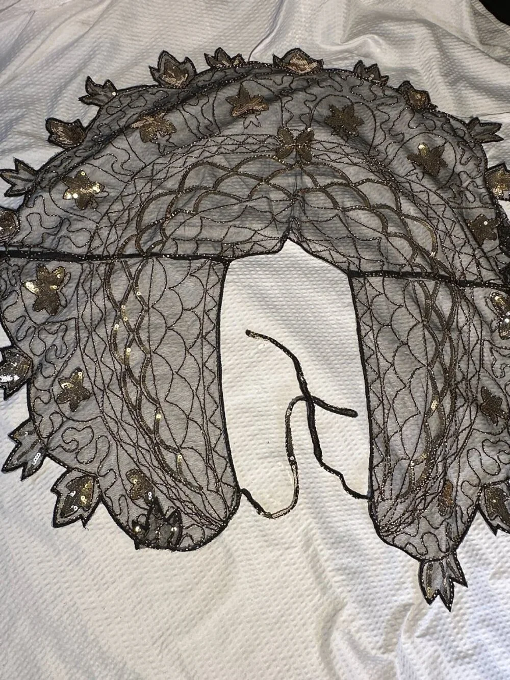 Black Mesh Gold Sequin Beaded Capelet Shawl Art Deco Gatsby Wedding Coverup